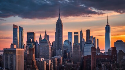 Fototapeta premium Stunning city skyline at sunset featuring iconic skyscrapers of New York City, ideal for travel, tourism themes, and urban exploration