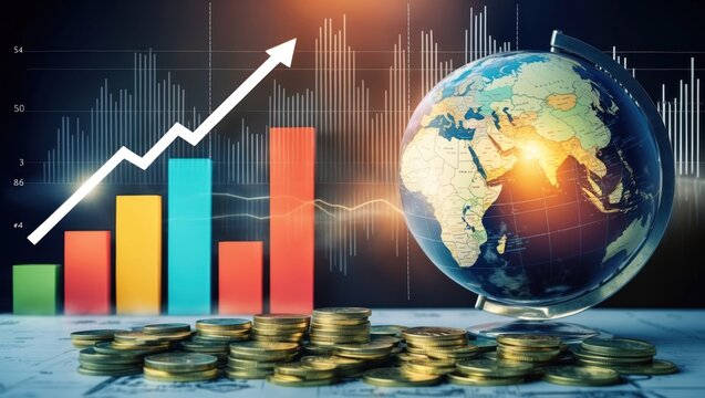 Globe and financial charts represent global economics and investment growth, symbolizing success and analytical strategies in finance