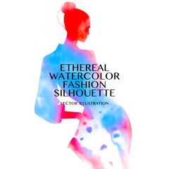 Abstract Watercolor Fashion Illustration in cyan and Pink on White Background.	