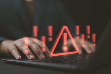 Cybersecurity, Internet cyber crime, System alert warning. Malicious software, threat, virus or compromised information. Cyber attack on computer network. data privacy, illegal connection, cybercrime.