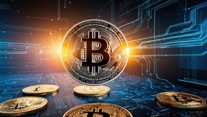 Futuristic depiction of Bitcoin coins with glowing effects, representing digital currency and blockchain technology concepts
