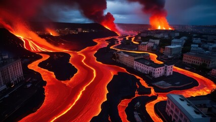 Dramatic volcanic eruption showcases fiery lava flowing through landscape, highlighting nature's raw power and beauty in the face of natural disaster
