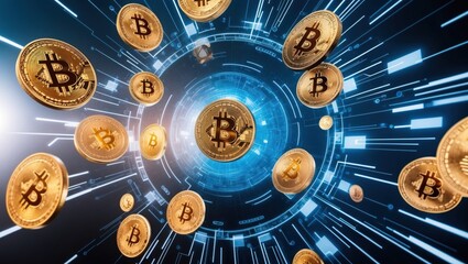 Dynamic digital representation of bitcoin against a futuristic background, symbolizing innovation and the future of finance in a cryptocurrency market