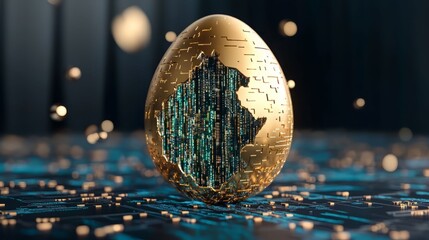 A striking golden egg with a cracked design, revealing a shimmering digital interior, symbolizing innovation and potential.
