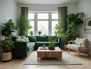 Fototapeta premium Modern Living Room with Green Sofa, Plants, and Wooden Coffee Table