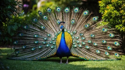 Obraz premium Peacock displaying vibrant, colorful feathers in lush garden Symbolizes beauty, elegance, and exotic wildlife in natural setting