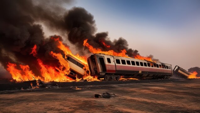 Dramatic scene featuring a train engulfed in flames and smoke, highlighting emergency response and the impact of transportation disasters
