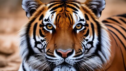 Fototapeta premium Vibrant close up of a tiger showcasing its striking features and intense gaze, symbolizing strength, beauty, and the need for wildlife conservation