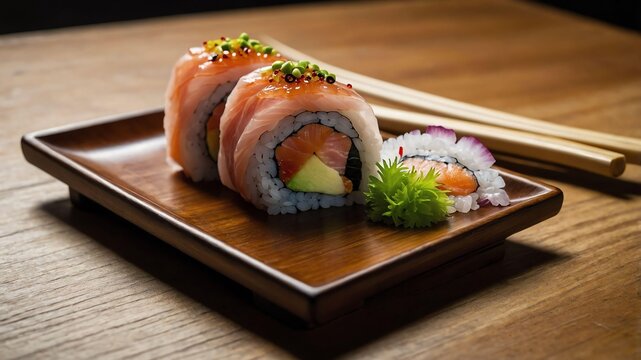 stock photography kanpachi amberjack handformed sushi served aesthetically in a wooden plate and table
