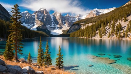 Breathtaking mountain landscape featuring a crystal clear lake, tall evergreen trees, and stunning reflections creating a tranquil outdoor scene