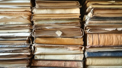 Ancient archives A detailed view of a stack of ancient, yellowed papers and books, with visible wear and tear, emphasizing historical research