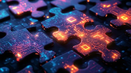API puzzle pieces An artistic representation of API integration using puzzle pieces that glow with embedded circuit board patterns