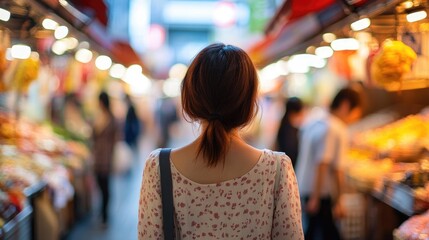 Obraz premium Foreground close-up of a woman walking in a Japanese street food market, with a blurred background of vibrant stalls and bustling activity.