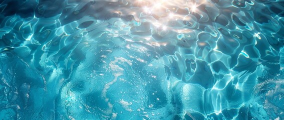 light blue water in swimming pool with ripples and reflections, top view. summer background banner concept for vacation, relaxation or travel theme. close up, detailed, natural light