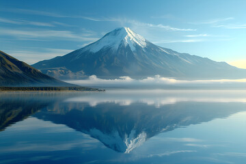 A pristine lake mirrors Mount Hood's snow-capped peak, framed by dense evergreen forests under a bright blue sky, mt rainier national park, Mountain landscape, Mt.Fuji at Lake Kawaguchiko in winter
