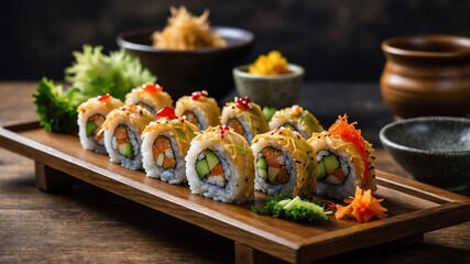 stock photography tempura dragon roll sushi served aesthetically in a wooden plate and table