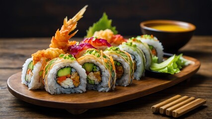 stock photography tempura dragon roll sushi served aesthetically in a wooden plate and table