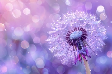 Water drops on a dandelion with a purple bokeh background create a dreamy