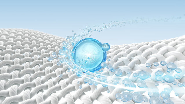 Close up of Water bubble cleans Macro fabric fiber of cloth, 3d rendering.