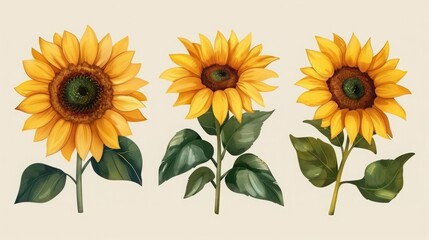 Naklejka premium set of yellow flowers, sunflowers with leaves, botanical picture