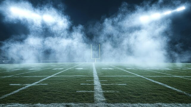 American football field with fog and spotlight effects, creating a mysterious and tense atmosphere