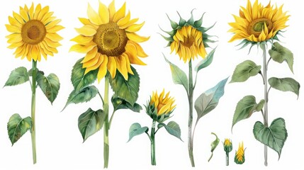 set of yellow flowers, sunflowers with leaves, botanical picture