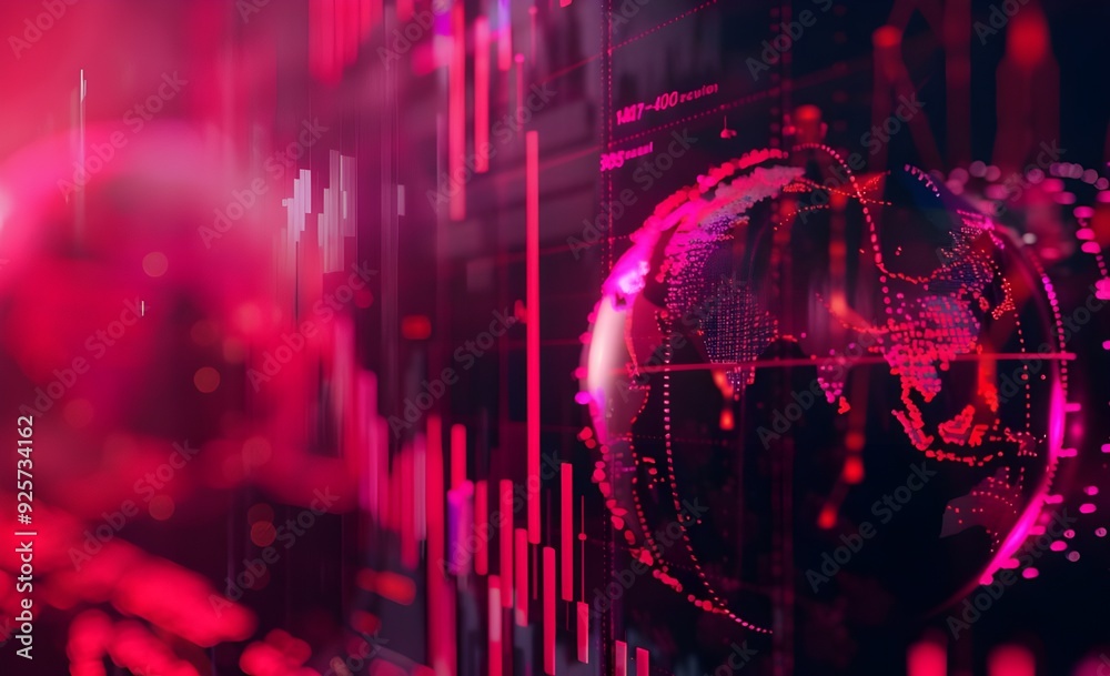 Poster a digital globe with dynamic financial graphs and data points, representing global stock market tren