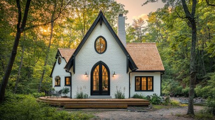 Fototapeta premium an architectural wide angle photograph, cinematic, dramatic, high definition, high contrast, of a beautiful, cute, A-frame cottage, elegant, sophisticated, minimal, simple, with a Cedar shaker roof, w