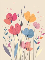 colorful flowers on a solid color background, cartoon style, flat illustration, simple lines, high resolution, high details 