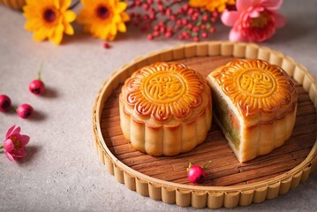 Delicious Mooncake decorated with Beautiful Autumn Flowers. Mid-Autumn Festival Concept.