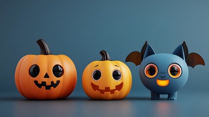 Set of 3D cartoon Halloween characters including a bat, a spider, and a glowing pumpkin for festive decorations.