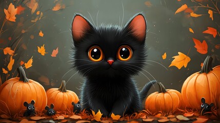 Fototapeta premium 3D cartoon Halloween greeting card with a cute black cat surrounded by pumpkins and mice, perfect for trick or treat banners.