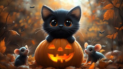 Naklejka premium Cute black cat sitting on a pumpkin with mice nearby, in a 3D cartoon style, designed for a Halloween greeting card.