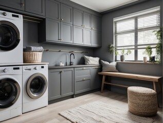 Modern Laundry Room with Gray Cabinets, White Washer and Dryer, and a Wooden Bench