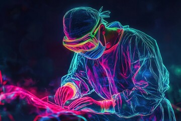 Neon Line Art of a doctor performing surgery with vibrant glowing lines
