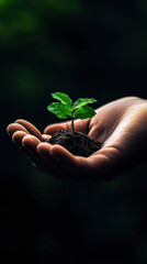 A hand holding a small green plant in its palm. Concept of nurturing and care for the plant, as the person is holding it gently and protecting it