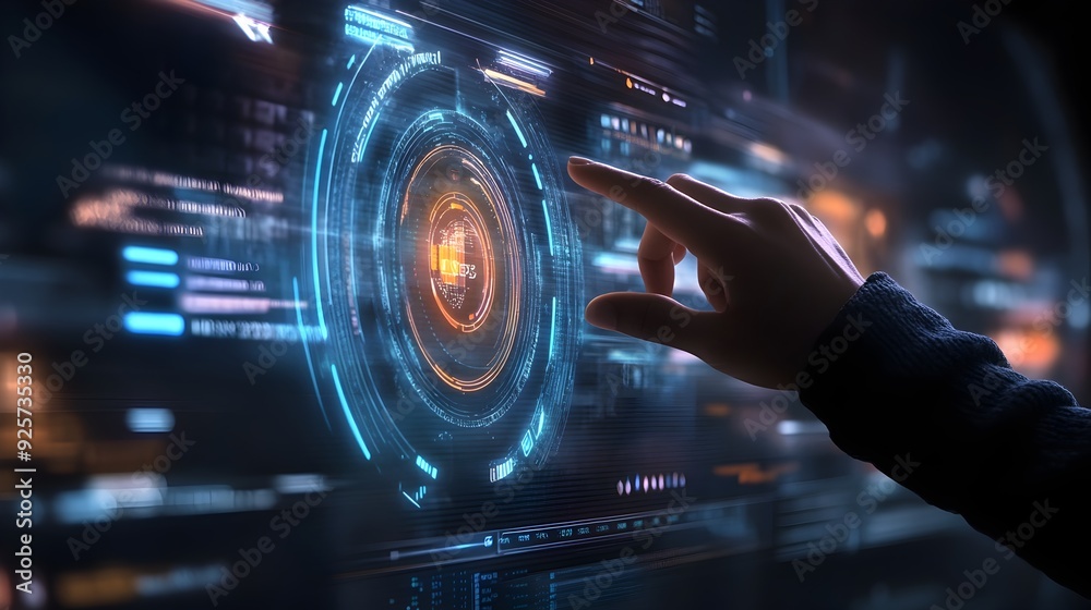 Aufkleber Hand Navigating Holographic Screen Displaying Key Performance Indicators