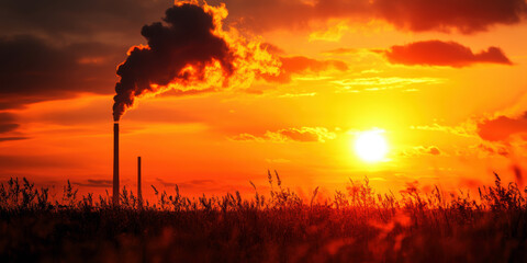 A large stack of smoke is rising from a factory. The sky is orange and the sun is setting