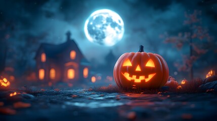 Halloween animation with a grinning pumpkin, ominous haunted house, and a large full moon in a 3D cartoon style.