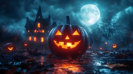 Naklejka premium 3D Halloween cartoon animation featuring a lit pumpkin, haunted house silhouette, and full moon.