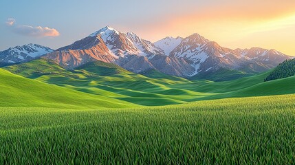 Fototapeta premium Open and flat green grasslands, snow capped mountains, dusk, rich colors, bird's-eye view,Ray Tracingï¼ŒExtreme long shotï¼ŒHyperrealism 