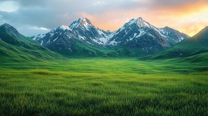 Fototapeta premium Open and flat green grasslands, snow capped mountains, dusk, rich colors, bird's-eye view,Ray Tracingï¼ŒExtreme long shotï¼ŒHyperrealism 