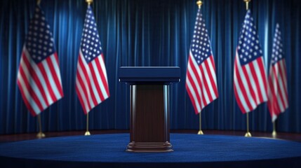 Official election podium: A podium with American flags in the background, designed for a presidential speech, conveying a sense of patriotism and formality.