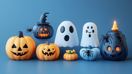 Set of Halloween 3D cartoon style elements including spiders, candy, and playful ghosts, perfect for party invitations and greeting cards.