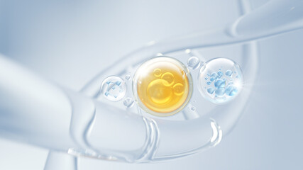 Cosmetic Essence, Liquid bubble, Molecule inside Liquid Bubble on DNA background, 3d rendering