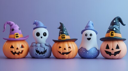 Obraz premium Halloween 3D cartoon set with festive hats, spooky ghosts, and funny pumpkins, designed for greeting cards and scrapbooking.