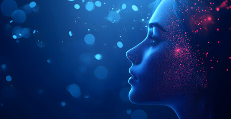 Digital human beautiful female head profile with glowing particles and dots on a dark blue background