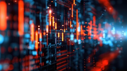 Fototapeta premium A vibrant digital bitcoin emits a glow, set against a techinspired backdrop with dynamic forex charts and arrows.