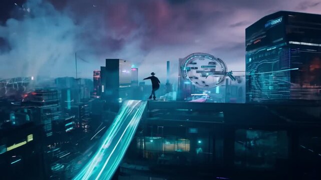 A futuristic scene featuring a person riding a hoverboard through a neon-lit cityscape.