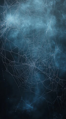 Foggy horror midnight view of blank spooky dark blue sky with spider web or cobweb
